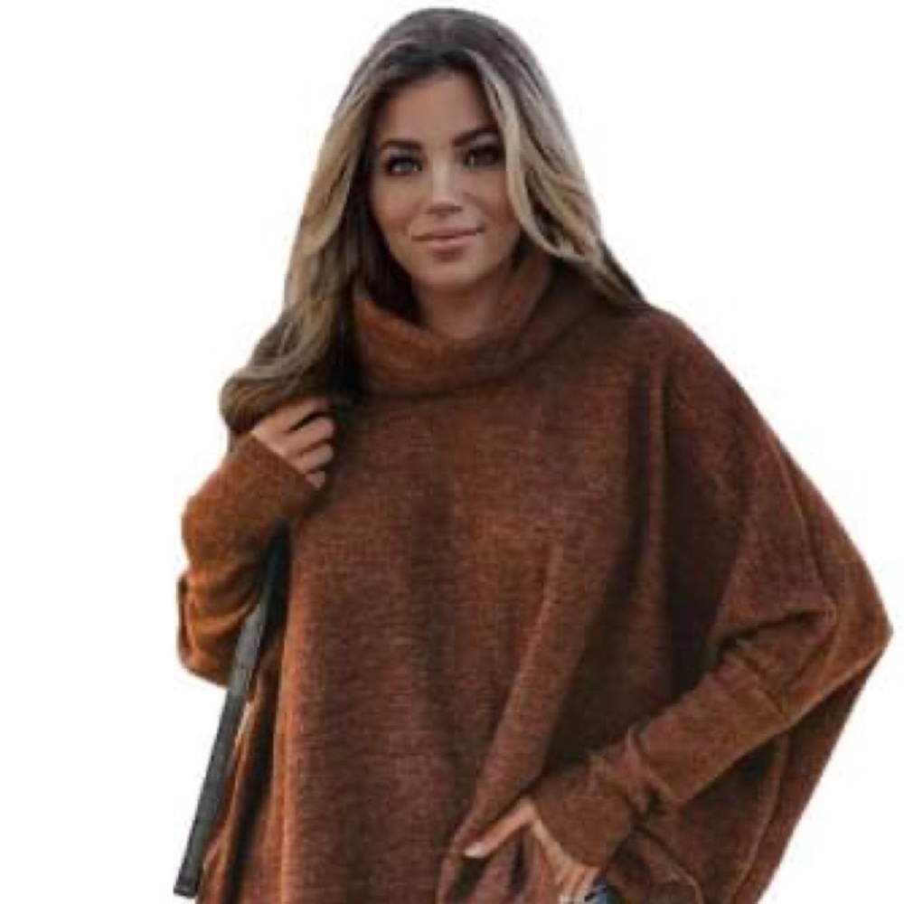 Brown Turtleneck Bat Sleeve Side Slit Tunic Top